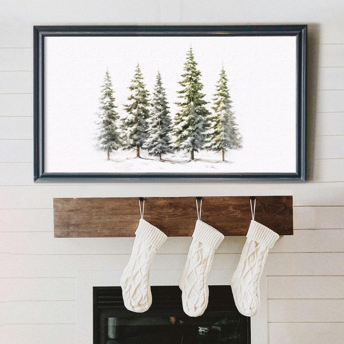 Five Snowy Pine Trees on White Minimalist Watercolor Winter Poster - Image 4