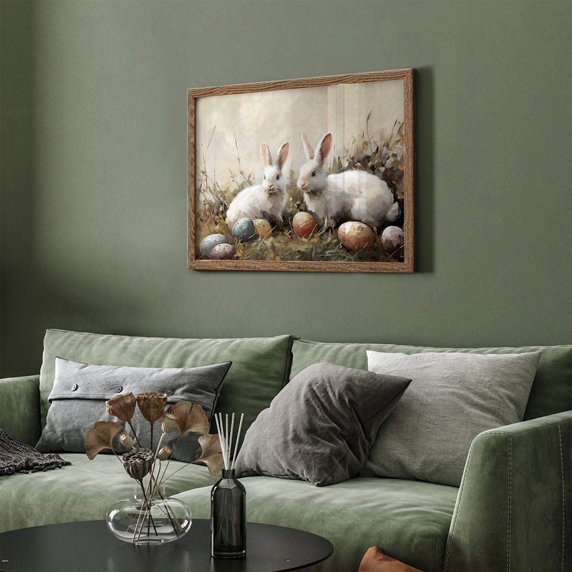 Two White Easter Bunnies Painted Eggs Vintage Rabbit Spring Poster - Image 3