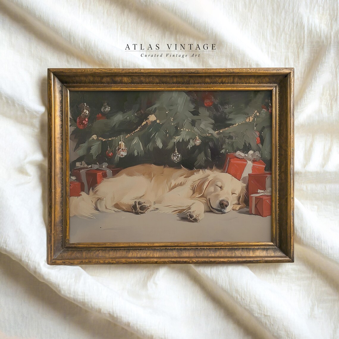 Golden Retriever Sleeping Under Christmas Tree with Gifts Poster