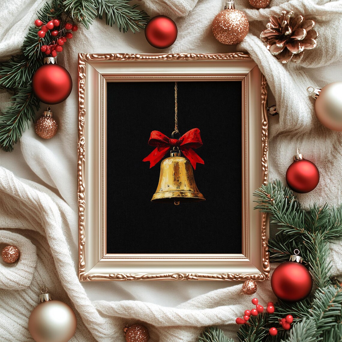 Antique Golden Bell with Red Bow Vintage Christmas Painting Poster - Image 6