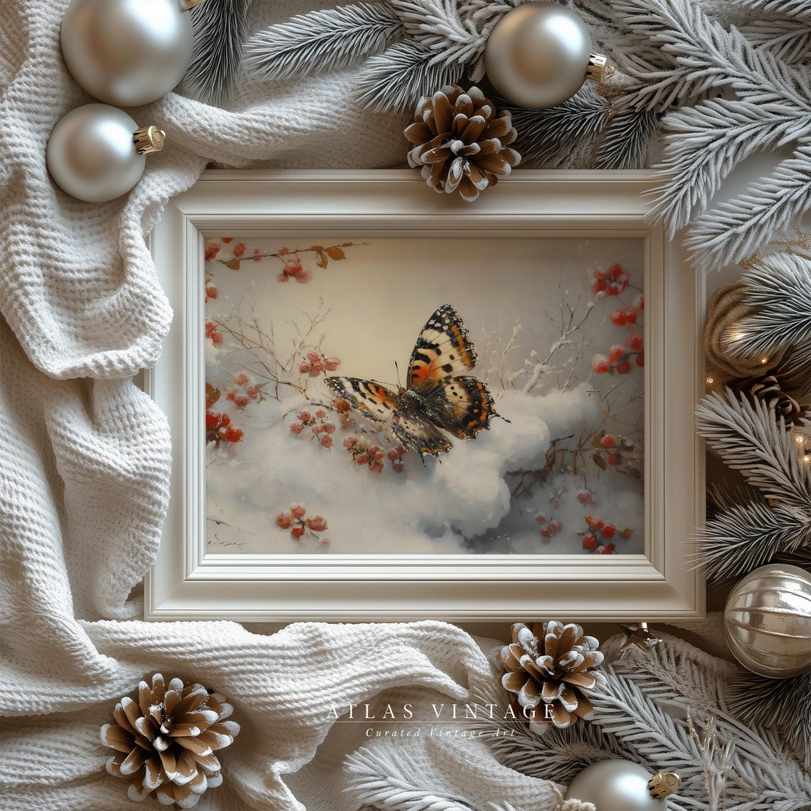 Painted Lady Butterfly on Snowy Red Berry Branches Winter Poster - Image 5