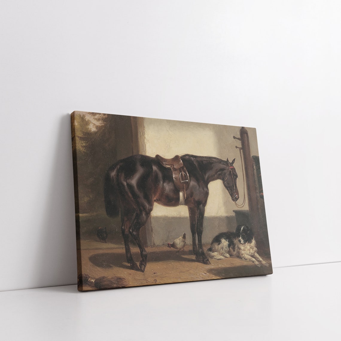 Saddled Bay Horse in Stable with Dog Vintage Equestrian Poster - Image 7