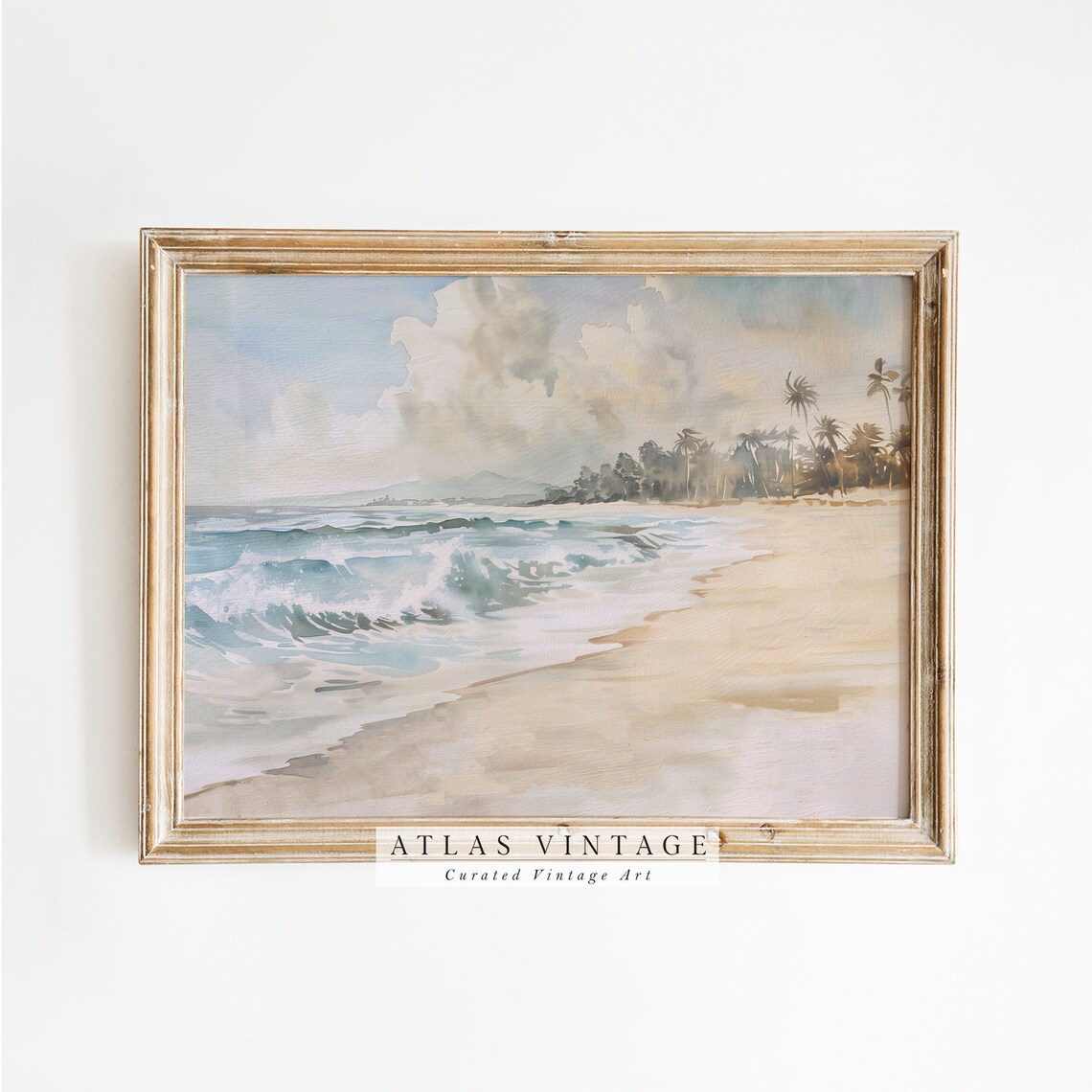Tropical Beach Watercolor Palm Trees Soft Neutral Ocean Poster