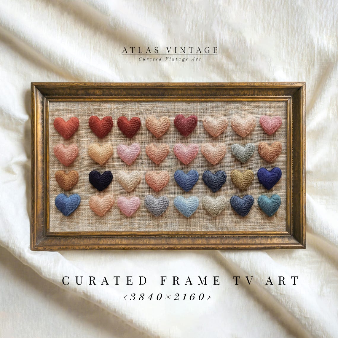 Colorful Embroidered Hearts Grid Linen Valentine Textile Art Poster