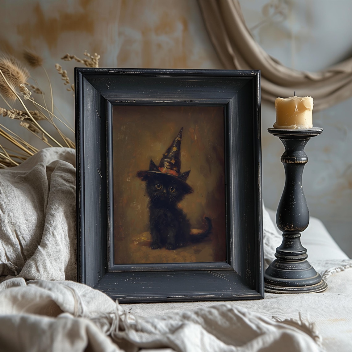 Vintage Witchy Black Cat Kitten Witch Hat Gothic Halloween Dark Academia Poster - Image 7
