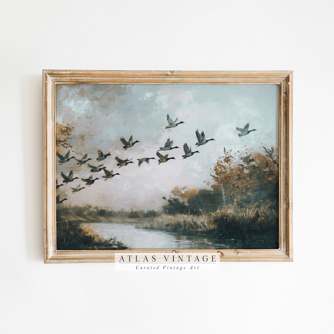 Flock of Ducks Flying Over River Vintage Wildlife Painting Poster