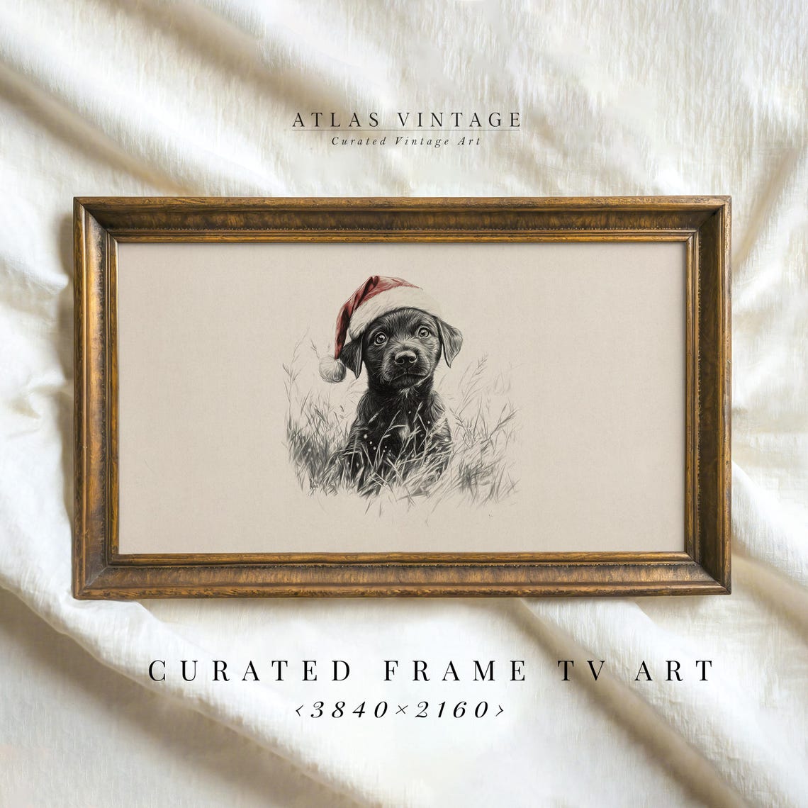 Black Puppy In Santa Hat Sketch Frame Tv Art Nursery Christmas Decor Cute Baby Dog Drawing Tv Art Vintage Animal Xmas Screensaver