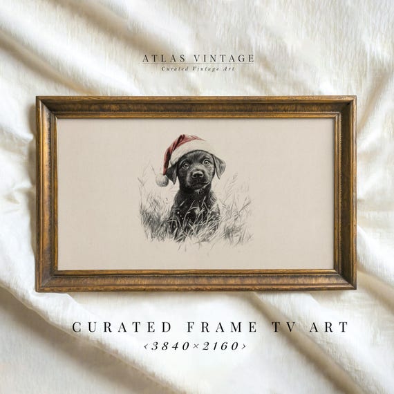 Black Puppy In Santa Hat Sketch Frame Tv Art Nursery Christmas Decor Cute Baby Dog Drawing Tv Art Vintage Animal Xmas Screensaver