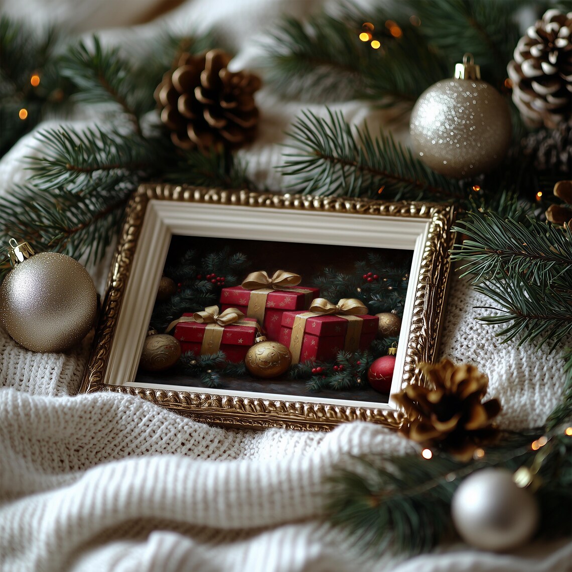 Red Christmas Gifts Gold Bows Vintage Holiday Still Life Poster - Image 6