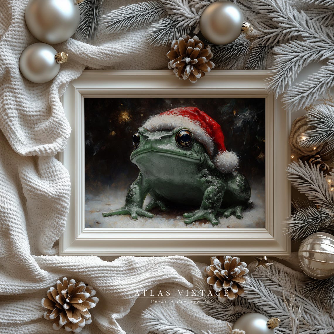 Christmas Frog In Santa Hat Painted Moody Winter Night Toad Poster - Image 6