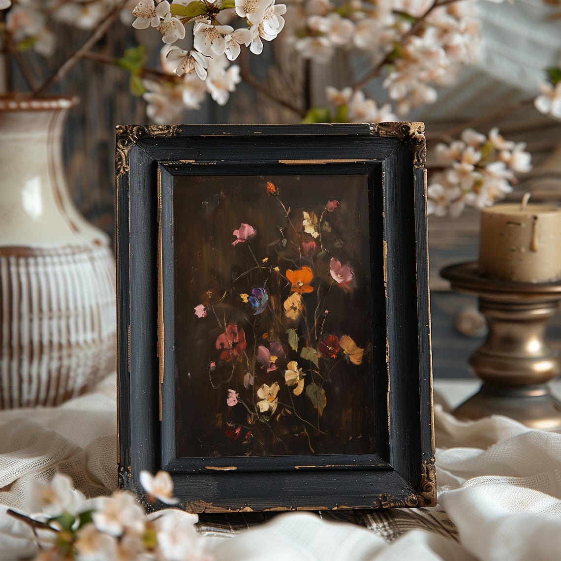 Dark Moody Wildflower Still Life Poppies on Black Background Poster - Image 7