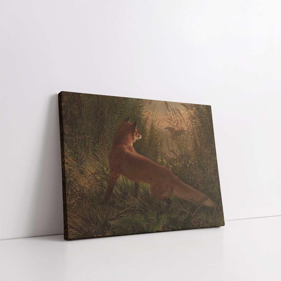 Red Fox Pouncing Through Tall Grass At Dusk Moody Woodland Oil Poster - Image 4