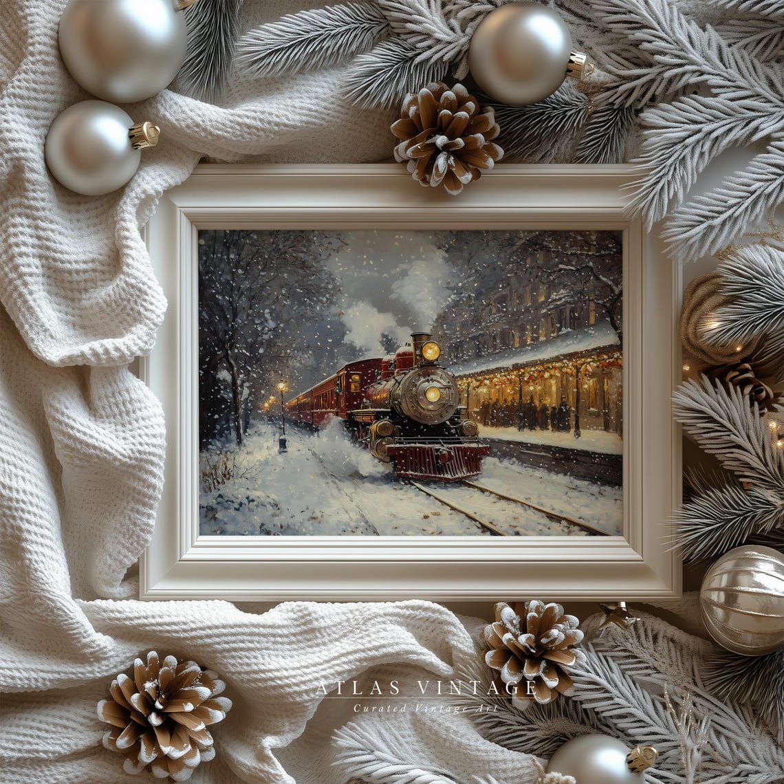 Christmas Express Train Snowy Railroad Station Winter Painting Poster - Image 5