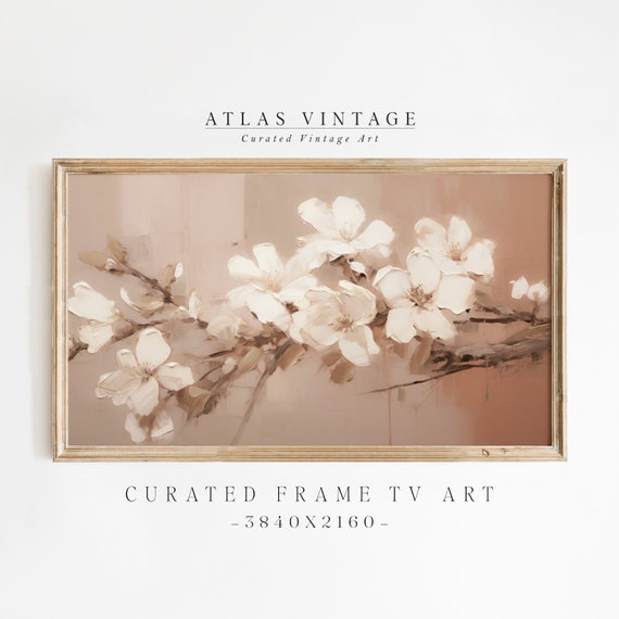 Vintage White Flower Frame Tv Art Antique Floral Painting Botanical Valentines Day Frame Tv Art Moody Neutral Beige Victorian Home Dcor