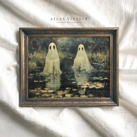 Two Sheet Ghosts Dark Lily Pond Moonlit Spooky Halloween Painting Poster