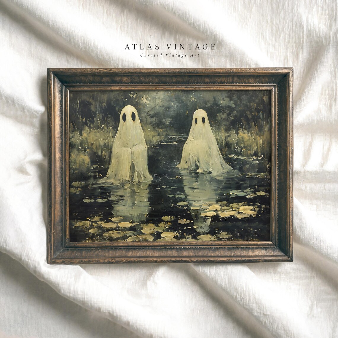 Two Sheet Ghosts Dark Lily Pond Moonlit Spooky Halloween Painting Poster