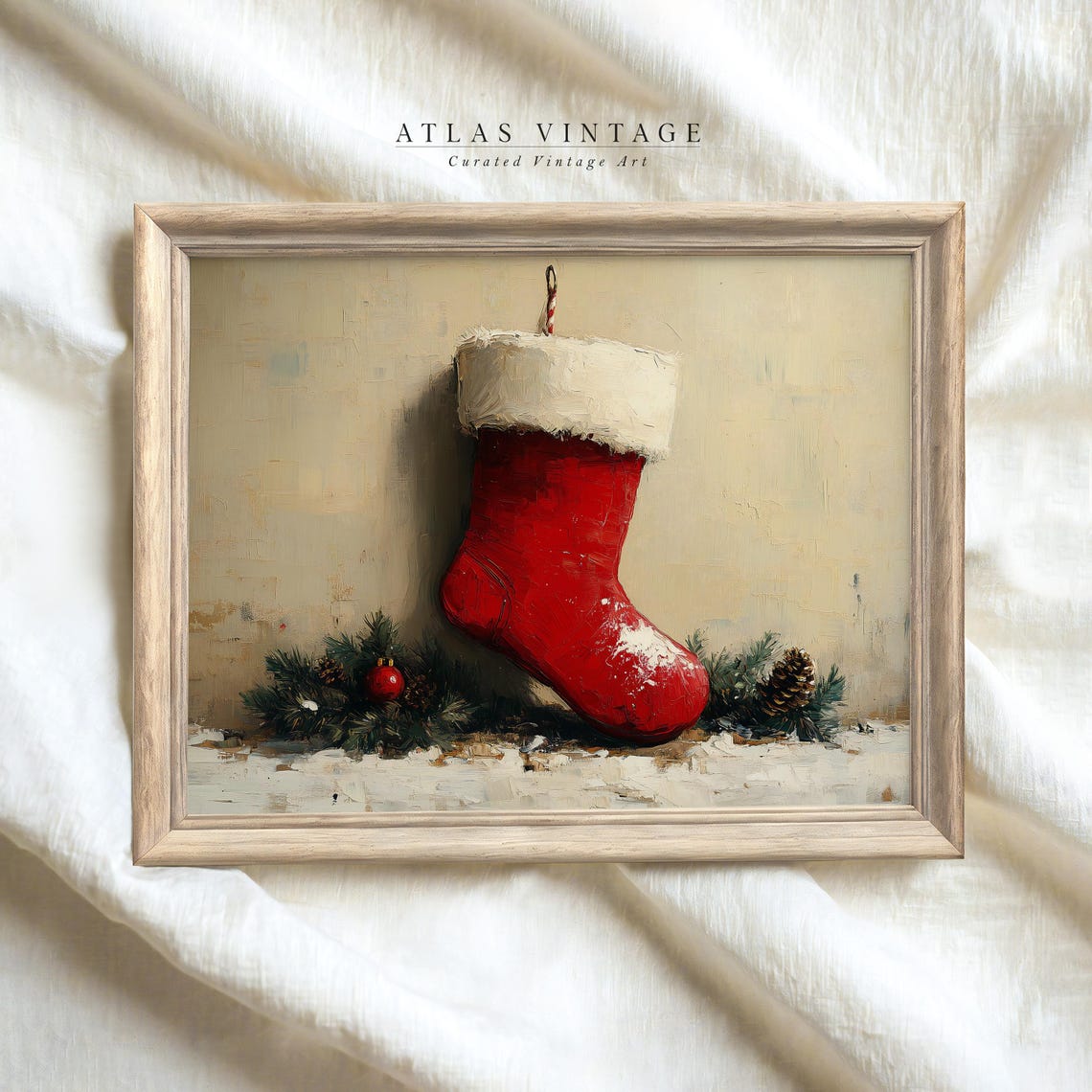 Red Christmas Stocking with Pinecones Vintage Holiday Art Poster - Image 4