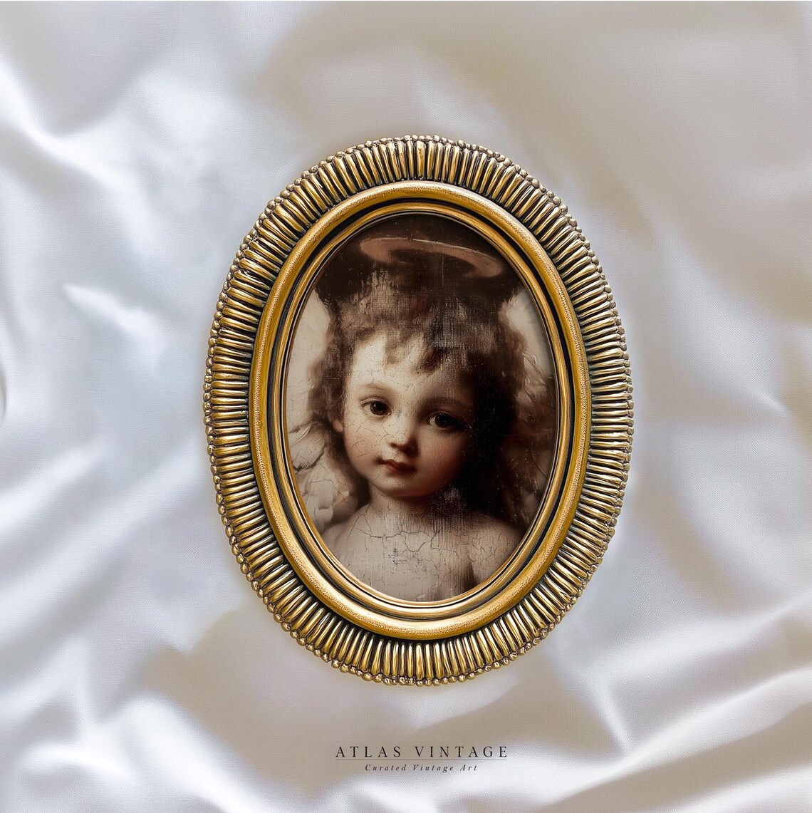 Vintage Cherub Portrait Antique Angel Child Oval Painting Art Poster