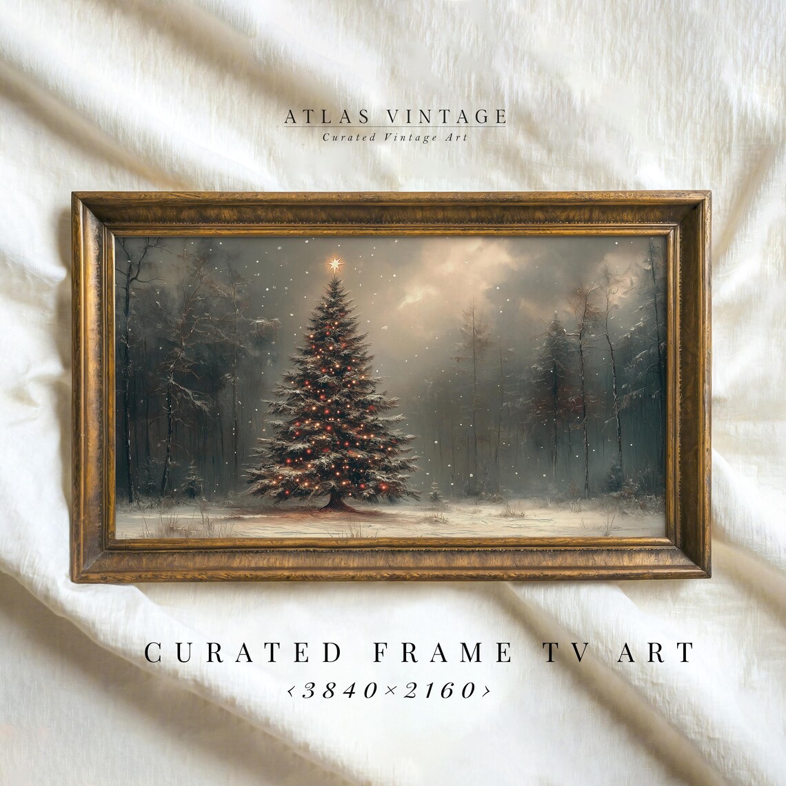 Lit Christmas Tree Glowing in a Snowy Winter Forest Holiday Poster