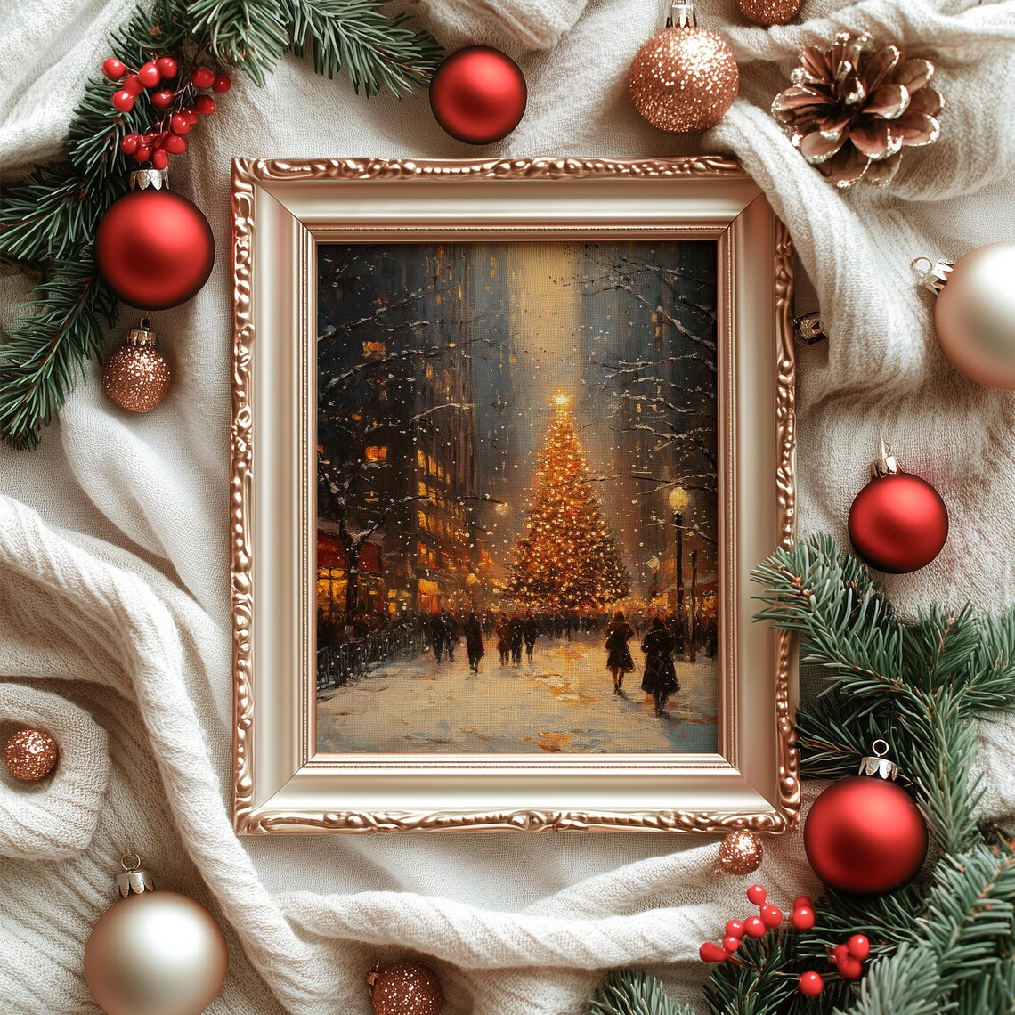 Glowing Christmas Tree City Night Vintage Winter Holiday Street Print - Image 6