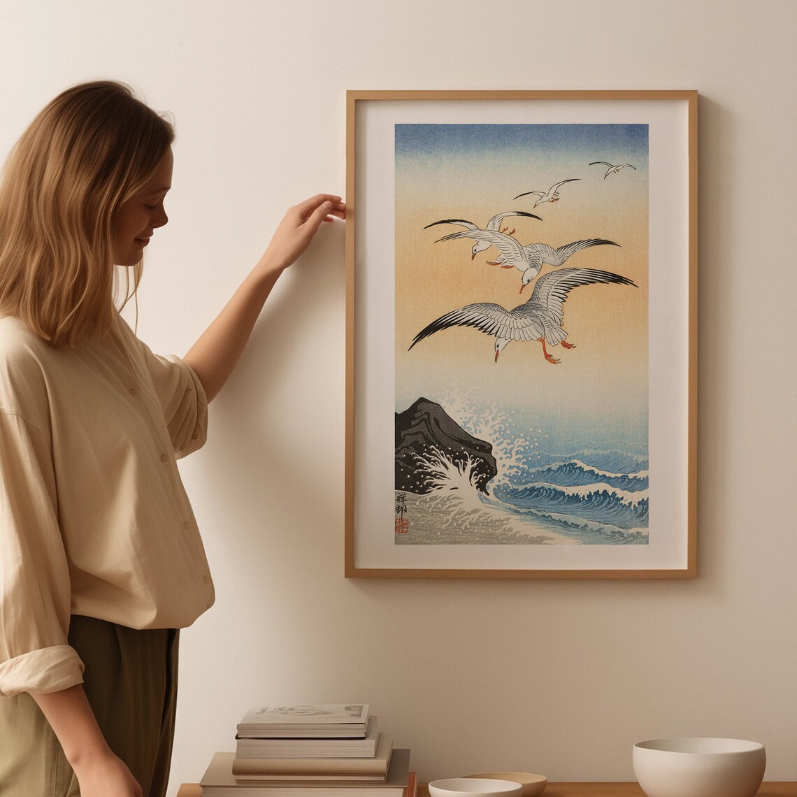 Ohara Koson Seagulls Flying Over Ocean Waves Vintage Bird Woodblock Poster - Image 4