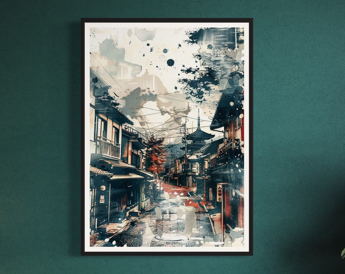Japan Traditional Street Pagoda Monochrome Ink Red Maple Accent Poster