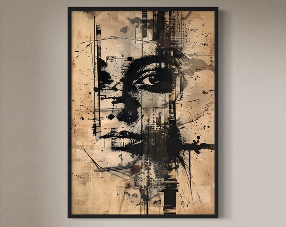 Mysterious Female Face Ink Drawing, Minimalist Art Print
