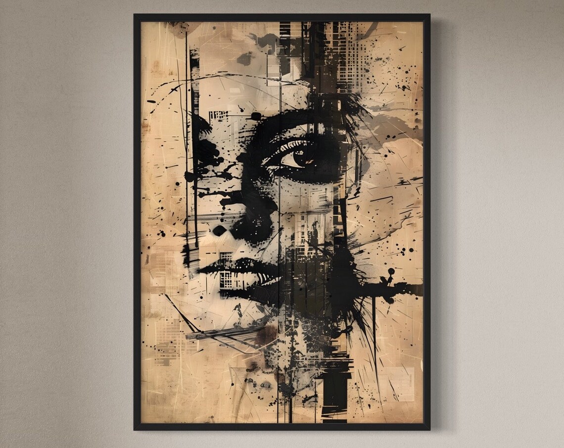 Mysterious Female Face Ink Drawing, Minimalist Art Print