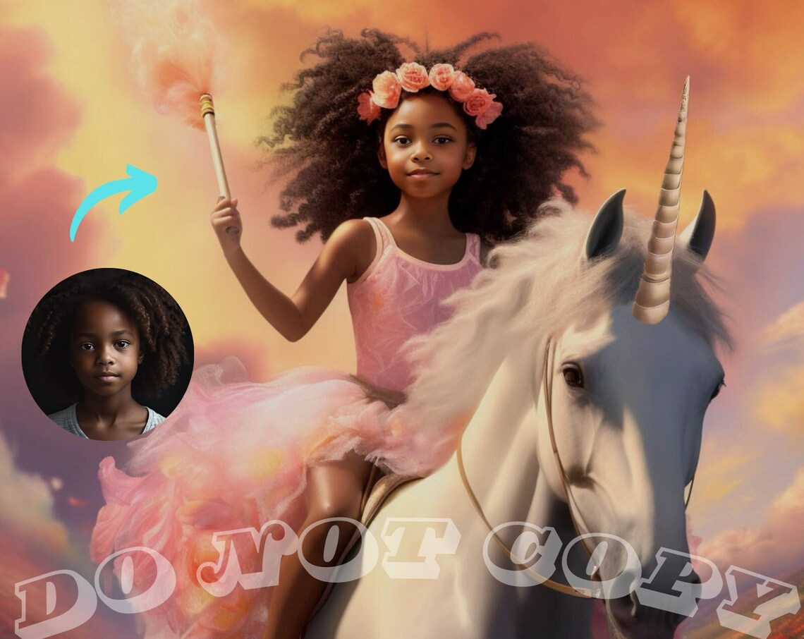 Custom Princess Portrait Girl Riding Unicorn Sunset Magic Print