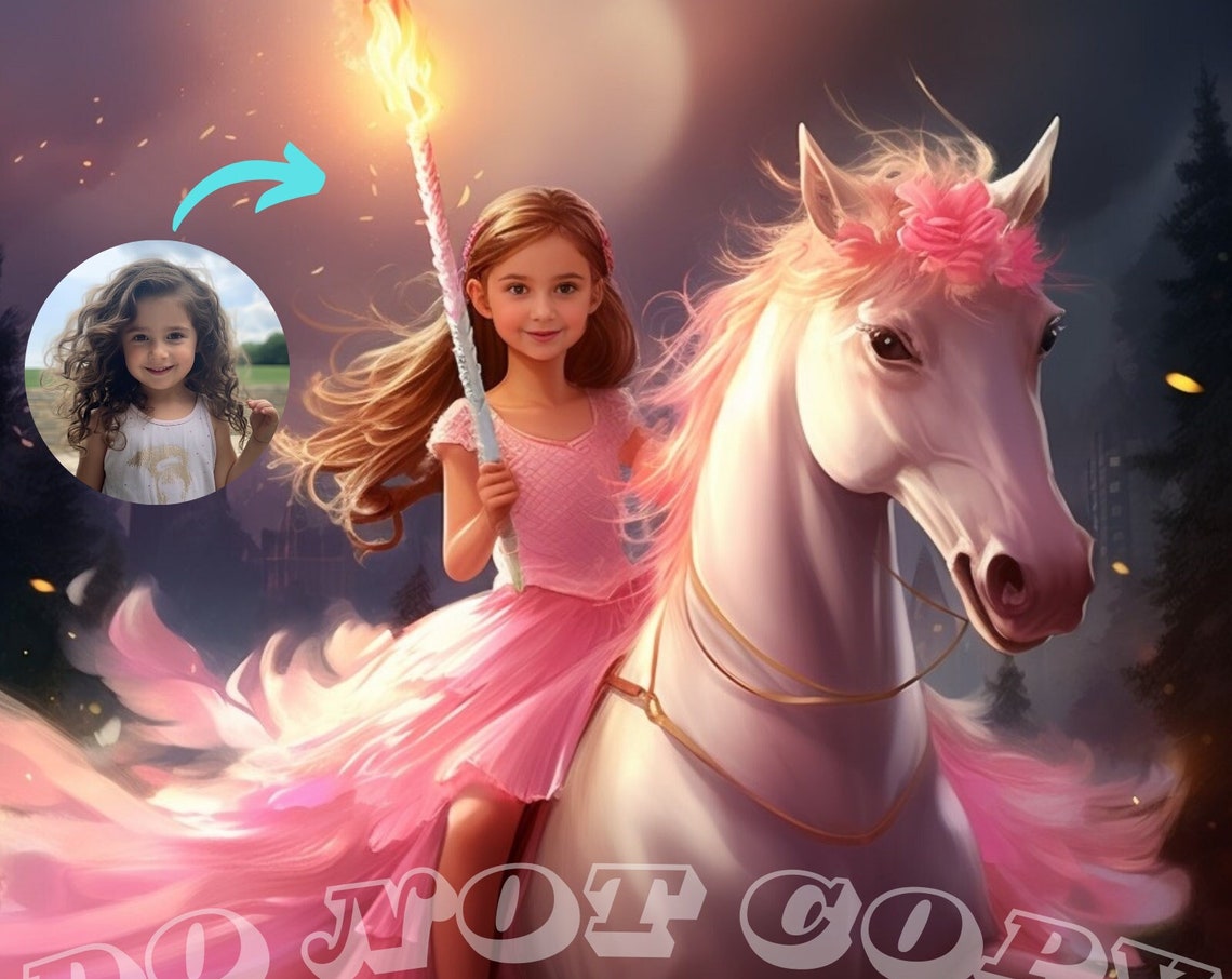 Custom Princess Portrait Girl Riding Unicorn Night Torch Magic Print