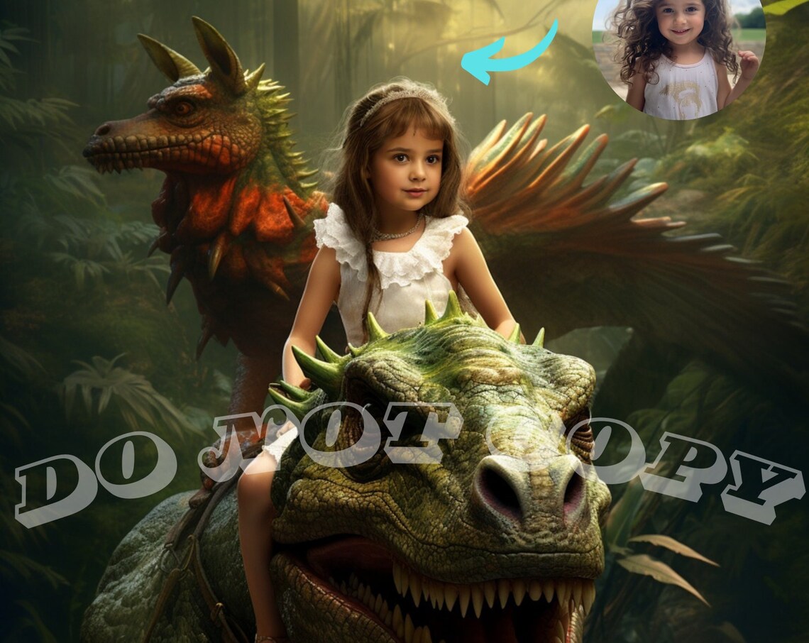 Personalized Kid Riding A Dinosaur Portrait Art Print