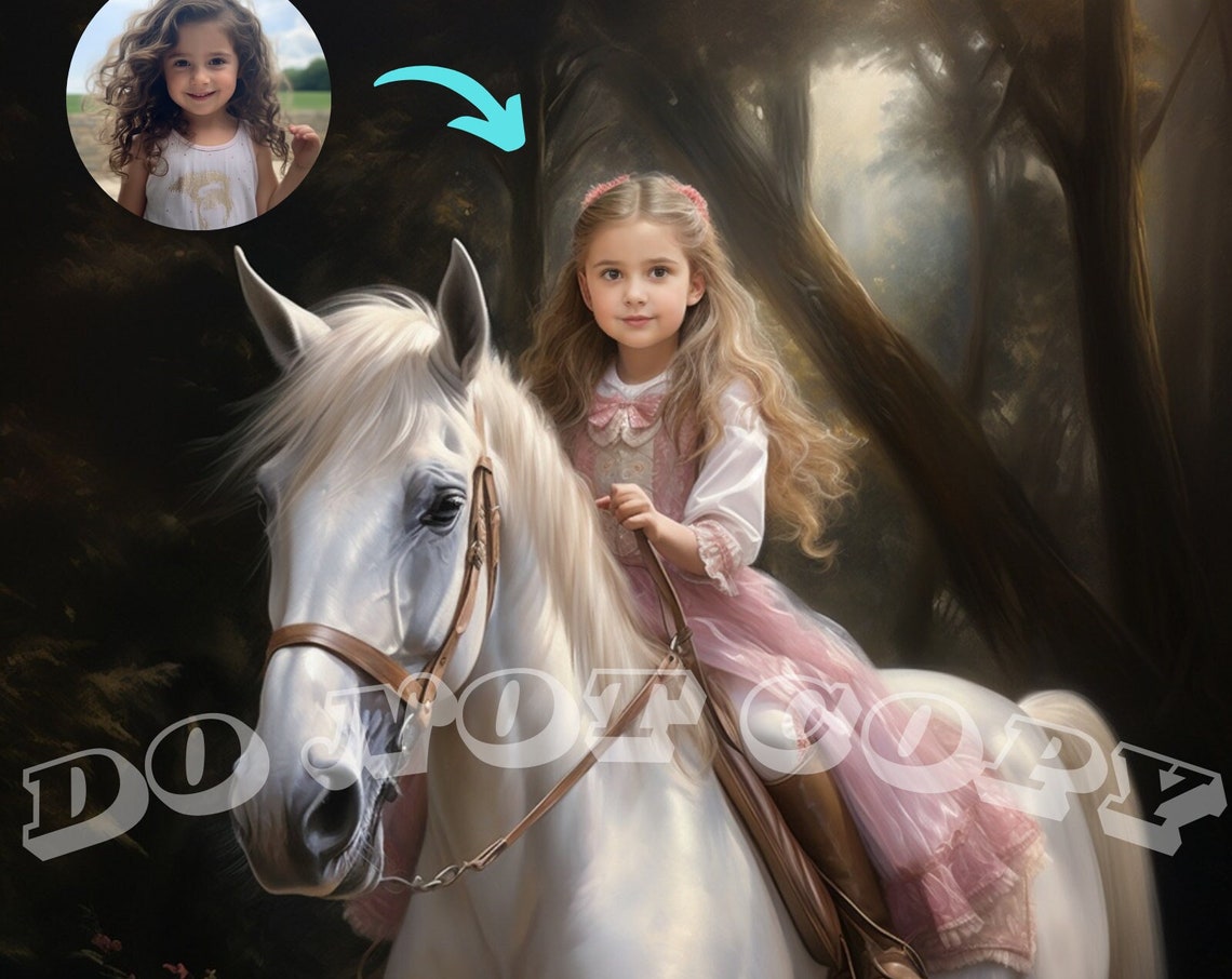 Custom Princess Portrait Girl Riding White Horse Misty Forest Print