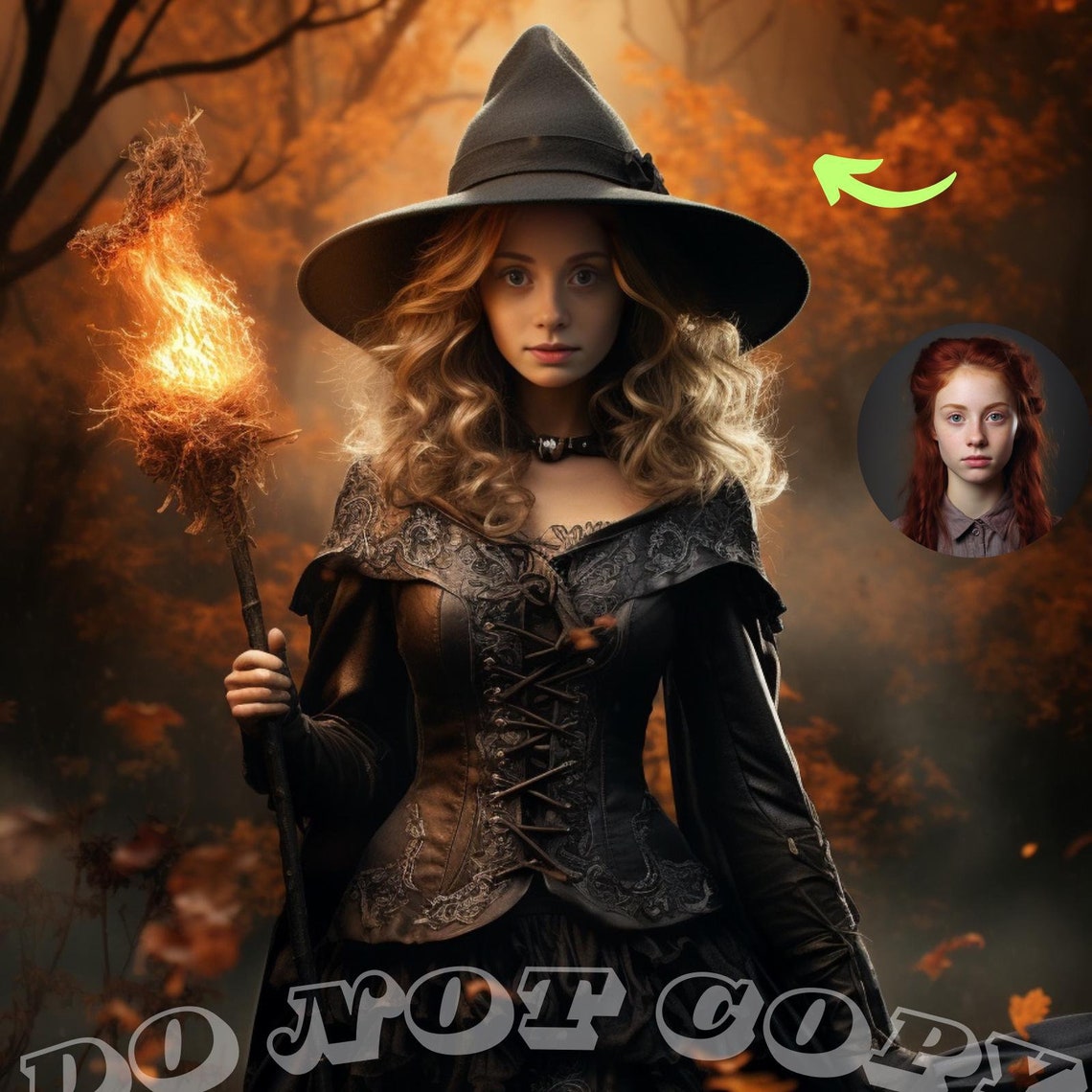 Personalized Dark Witch Portrait with Burning Torch in Autumn Poster
