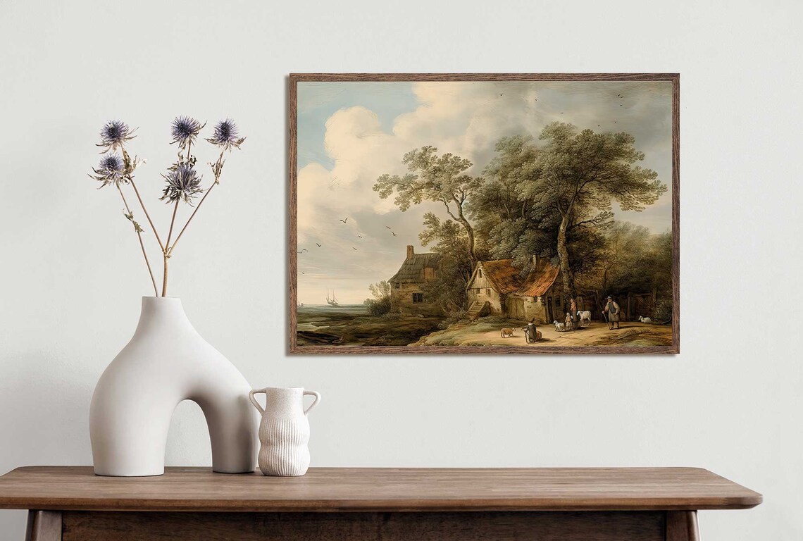 Antique Dutch Countryside Cottages by Water Landscape Oil Poster - Image 4
