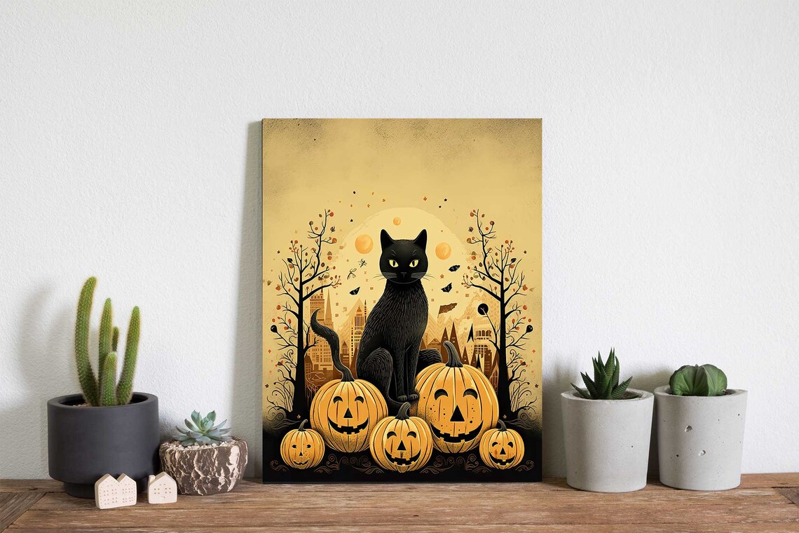 Black Cat With Jack O Lanterns Autumn Night Halloween Scene Poster - Image 2
