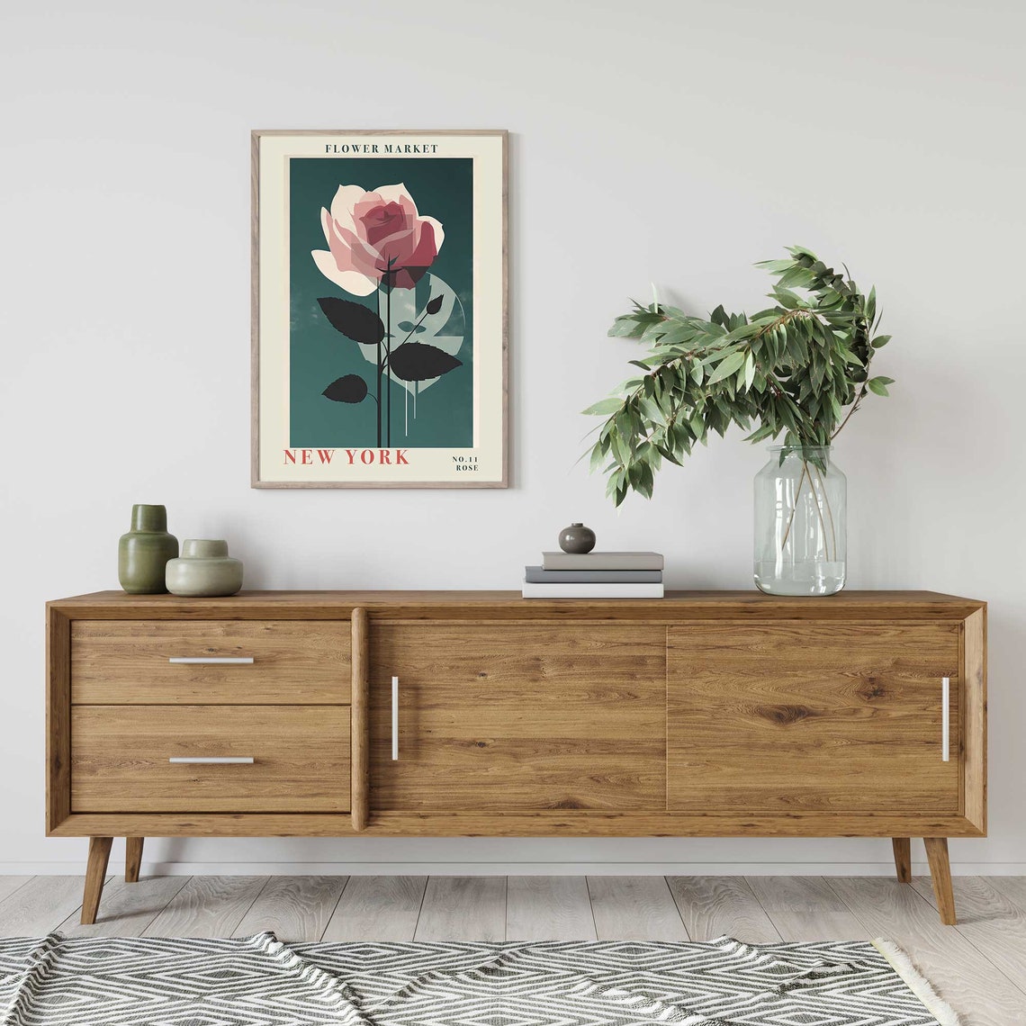 New York Rose Pink Blossom Teal Background Botanical Flower Poster - Image 3