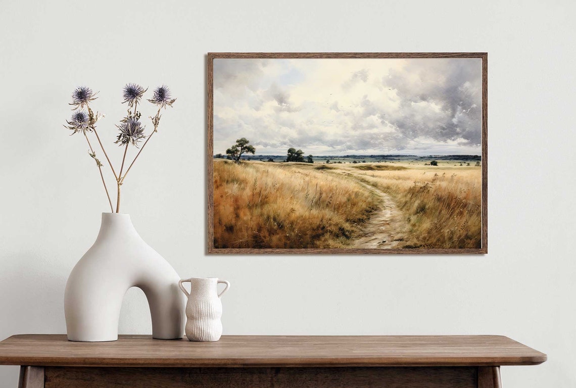 Golden Wheat Field Path Under Dramatic Clouds Vintage Landscape Poster - Image 4