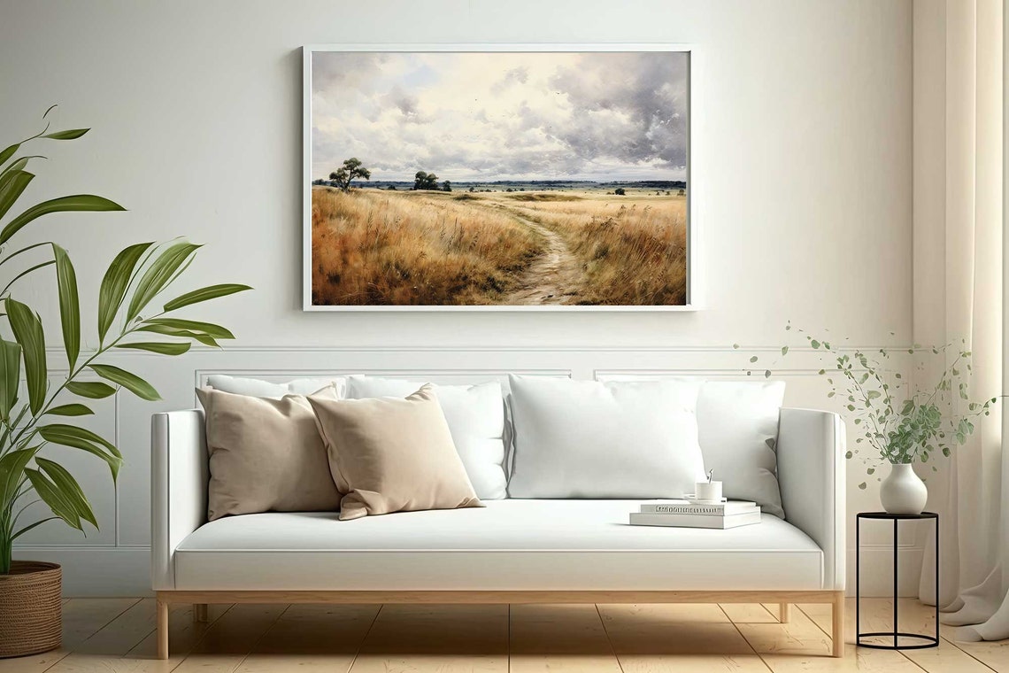 Golden Wheat Field Path Under Dramatic Clouds Vintage Landscape Poster - Image 3