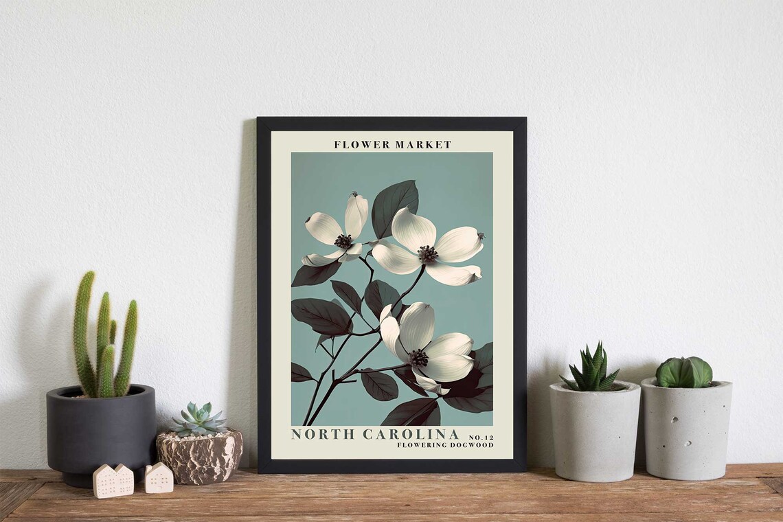North Carolina Dogwood Blooms on Teal Botanical Flower Market Poster - Image 2