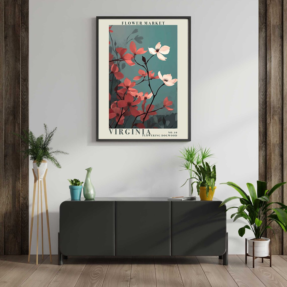 Virginia Flowering Dogwood Coral Blossoms Teal Botanical Poster - Image 3