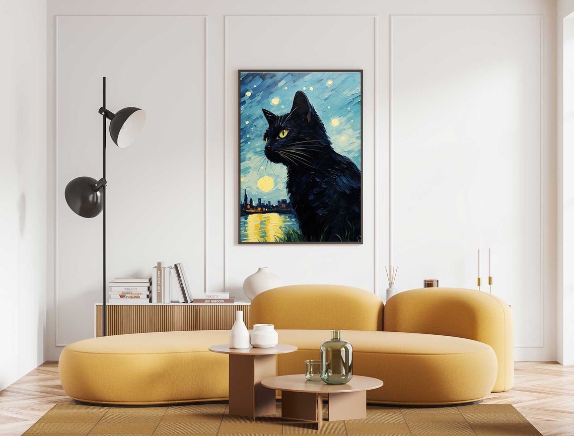 Black Cat Portrait Under Starry Moonlit City Skyline Painting Poster - Image 4