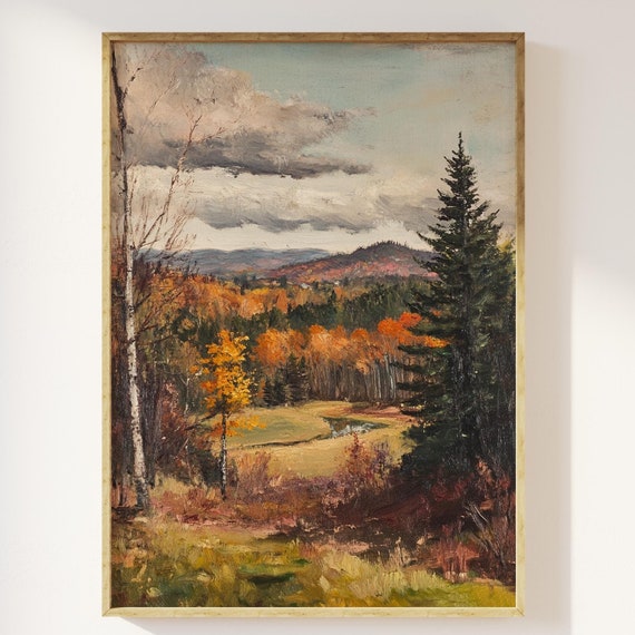 Fall In New England Art Print Rustic Autumnal Fall Nature Landscape Scene With Trees Seasonal Art Vintage Antique Oil Painting Moody