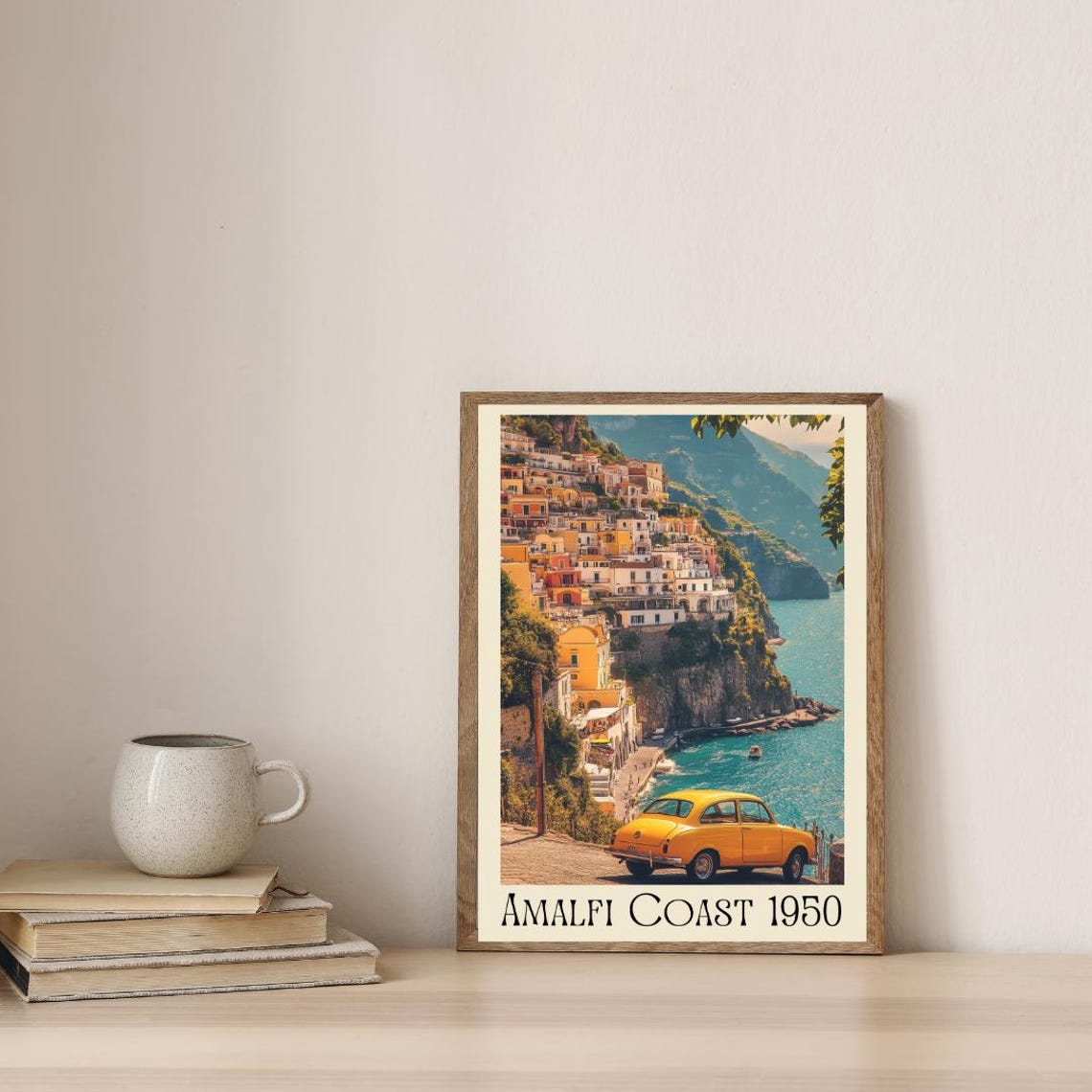 Amalfi Coast 1950 Poster with Yellow Vintage Car and Cliffside Town - Image 4