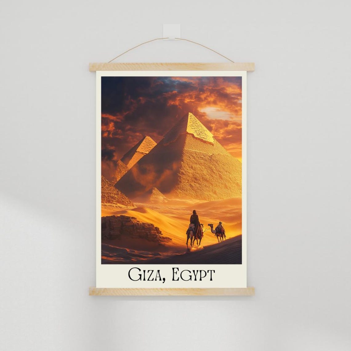Giza Egypt Poster with Great Pyramids and Camel Caravan at Sunset - Image 2