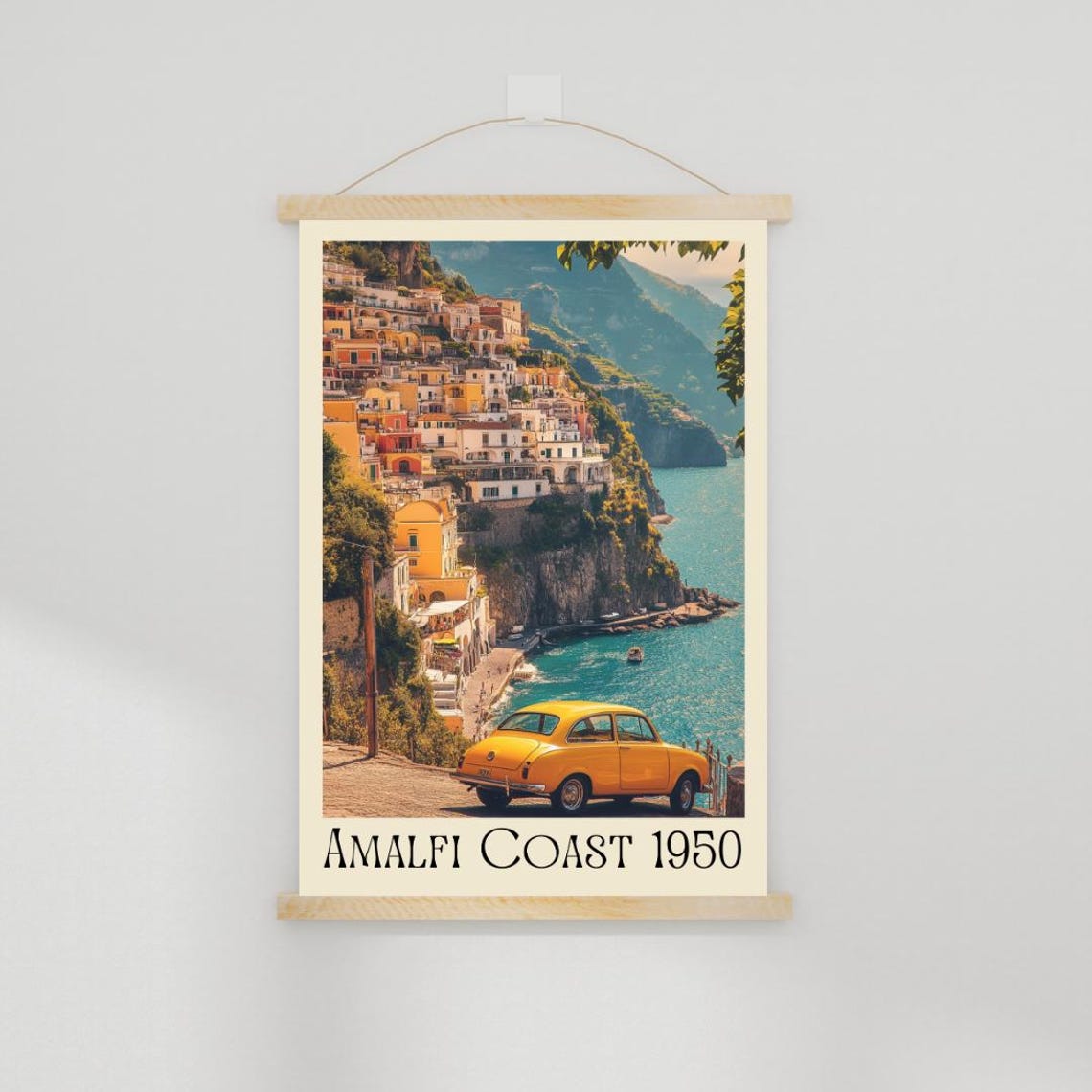 Amalfi Coast 1950 Poster with Yellow Vintage Car and Cliffside Town - Image 2