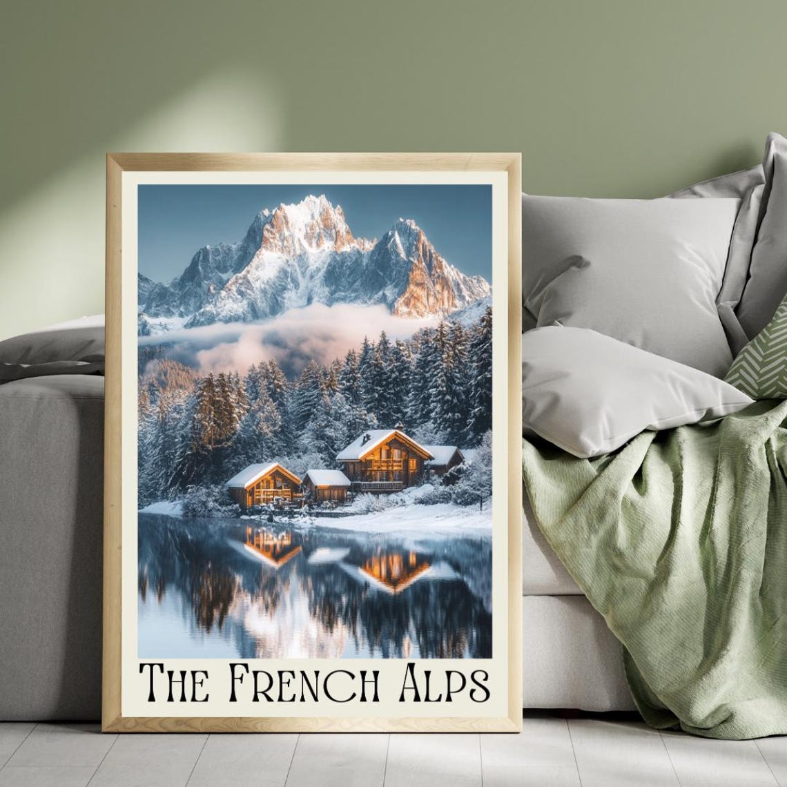 The French Alps Poster with Snow Cabins Reflected in a Mirror Lake