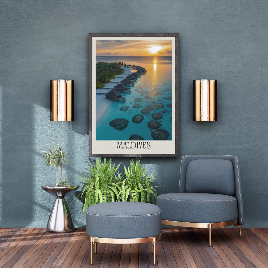 Maldives Travel Poster with Overwater Bungalows at Golden Sunset - Image 5