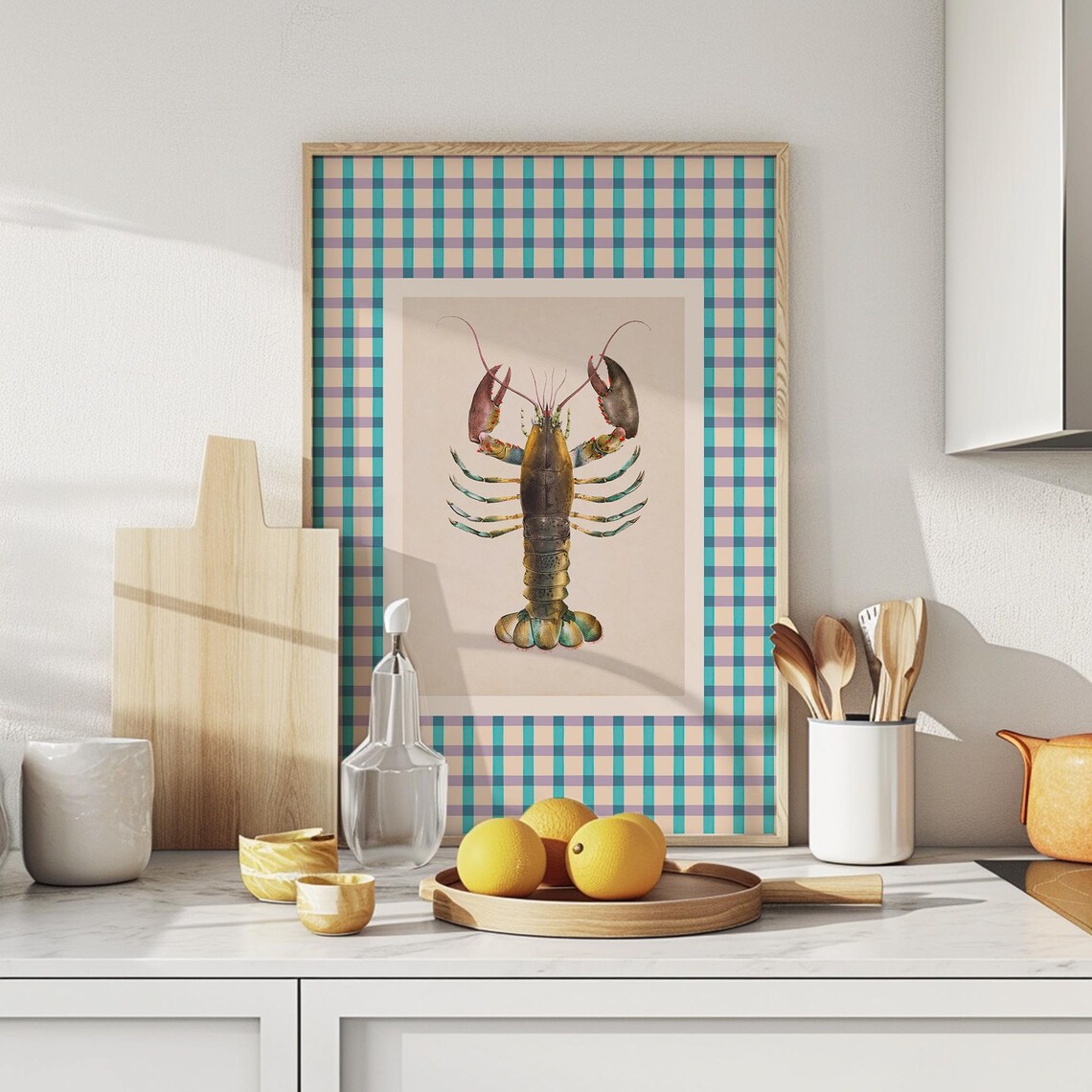 Vintage Lobster Art Print Gingham Cottagecore Kitchen Decor Wall Art Trendy Coastal Art A256 - Image 4