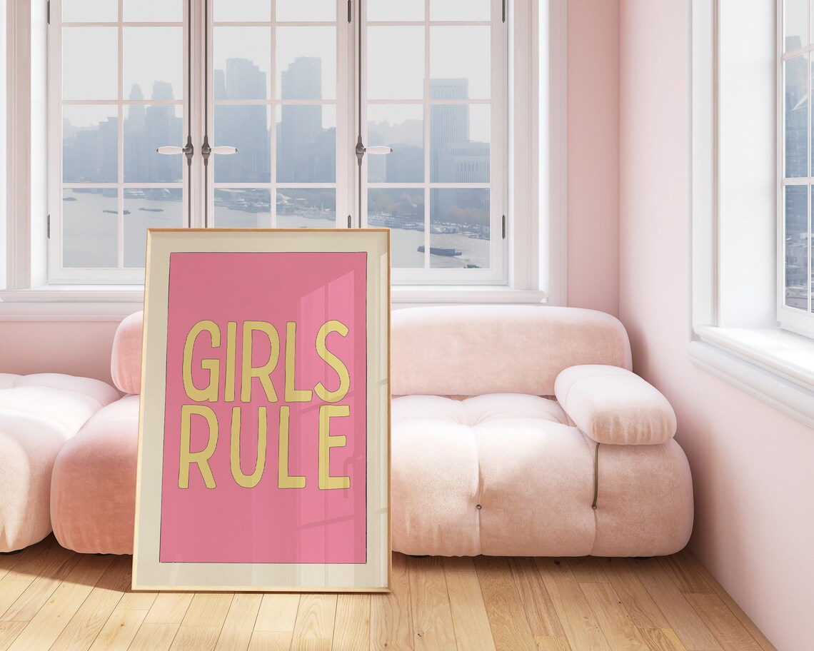 Girls Rule Pink Yellow Retro Typography Feminist Wall Art Dorm Room Poster - Image 2
