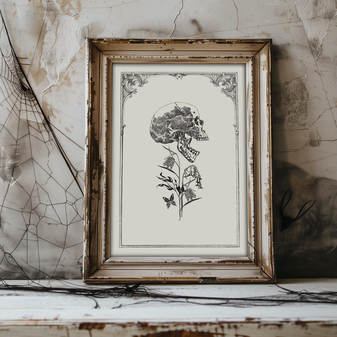 Vintage Skull With Flowers Engraved Gothic Dark Academia Print - Image 2